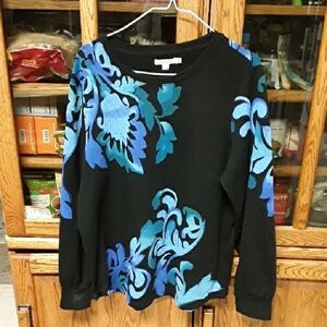 Chico's Black and Blue Floral Long Sleeve Top
